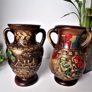 2 Vintage Norleans Japan Asian Inspired Handled Ceramic Vases