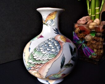 Vintage Hand Painted Made in Macau Parrots and Exotic Flowers Vase
