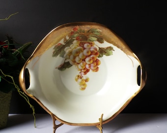 Antique Bavaria Serving Bowl Hand-Painted with Grape Clusters and Gilded Rim