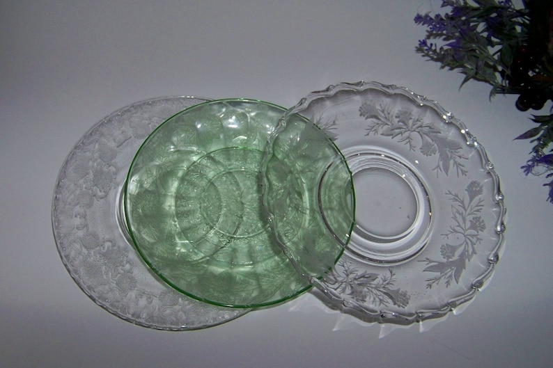 3 Depression Glass Floral Etch Engraved Saucers Plates