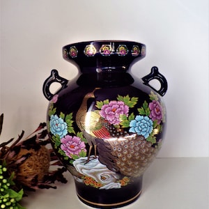 Beautiful Asian Inspired Handled Peacock Cobalt Vase