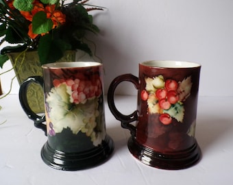 Antique J P L Hand-Painted Limoges France Tankard Berry Motif Set of 2 Signed #1