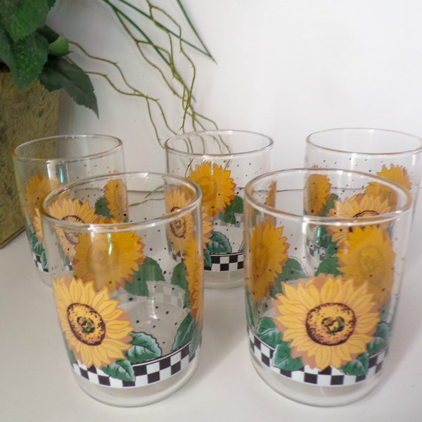 Vintage Libbey Glass Sunflower Juice Glasses Flat Tumblers Set of 5