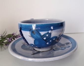 Signed Vintage Handpainted Ceramic Blue Bird Teacup and Saucer