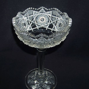 EAPG Tall Compote Clear Pressed Glass Hobstar and Sawtooth 6 Sided Stem Antique Glass