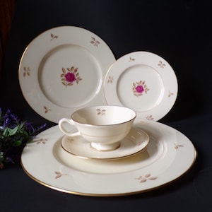 Lenox Rhodora China: 5-Piece Place Setting, Gold Trim Pink Rose