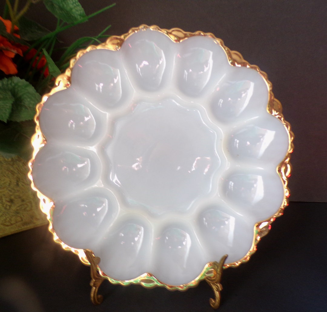 Vintage Milk Glass Deviled Eggs Plate Anchor Hocking Glass Etsy