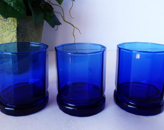 3 Vintage Anchor Hocking Cobalt Blue Essex Old Fashioned Glasses