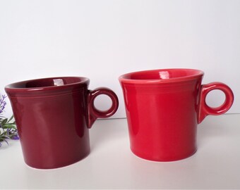 Reduced: 2 Vintage Fiesta Ware Coffee Mugs Circle Ring Handle Red and Maroon Burgundy