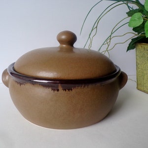 May include: A brown ceramic casserole dish with a lid. The dish has a dark brown rim and two handles. The lid has a knob on top.