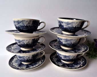 6 Teacups 6 Saucers White and Blue Boats and Castles Scene