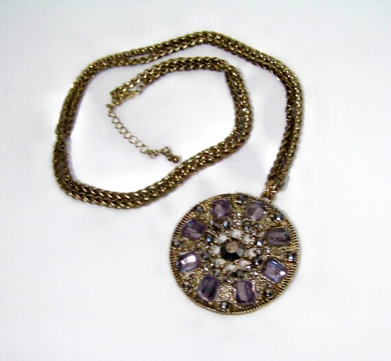 Vintage Large Amethyst Rhinestone Pendant and Gol… - image 2