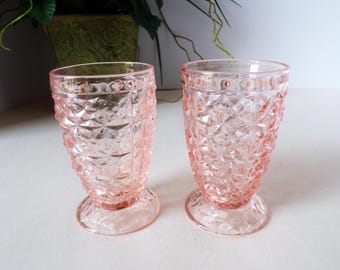 Jeanette Glass Pink Holiday 5 oz Footed Tumbler aka Buttons and Bows