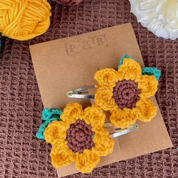 Handmade Crochet Sunflower Hair Clip, Boho Hair Accessories, Flower Hair Accessories for Wedding, Hair Clips for Kids, Sunflower Crochet