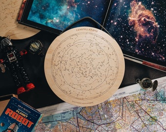 Star Map - North and South constellation Wall Decoration. Custom Laser Etched Natural Wood Star Tracker.