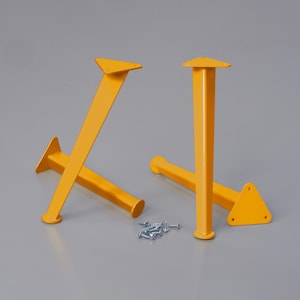 May include: Two yellow metal table legs with triangular bases and a set of screws.