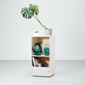 May include: A light-colored wooden storage unit with two open shelves. The top shelf holds a dark green ribbed glass pitcher and a matching glass. The bottom shelf contains books and a light gray drawer. A monstera plant sits on top.