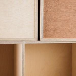 May include: Close-up of a wooden cabinet with a light brown, medium brown, and dark brown finish. The cabinet has a simple design with clean lines and a modern aesthetic.