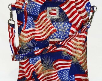 Handcrafted Stars and Stripes Patriotic Theme Fabric Crossbody Bag wadj strap Free US Shipping
