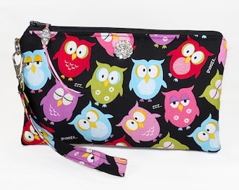 Owl Wristlet Purse, Owl Lover Wristlet Purse, Rhinestone, Clutch, Makeup Bag, Phone Holder, Gift For Her, Friend, Mom, Sister, Daughter