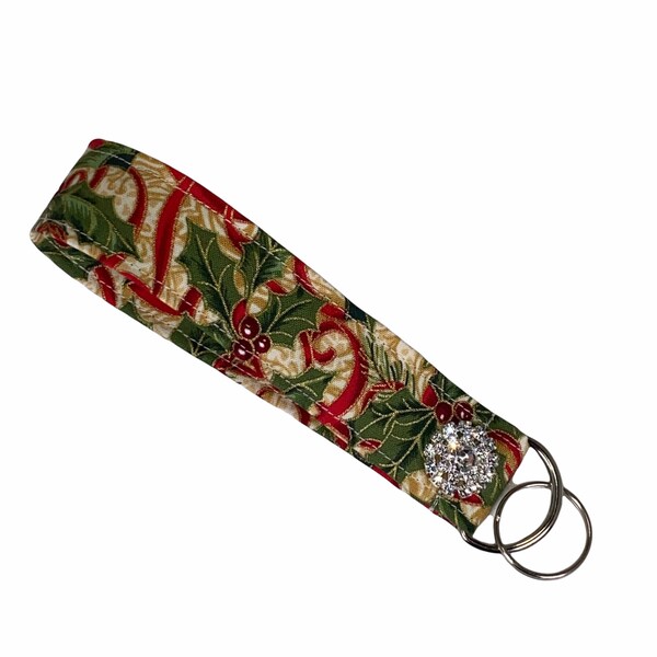 CLEARANCE Christmas Key Fob, Holly, Red & Green With Gold, Holiday, Winter, Rhinestone Sparkle Wrist Key Fob, Keychain, Key Holder