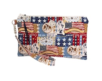 Patriotic Wristlet Purse, America, USA, Flag, Stars, 4th Of July, Liberty, Military, Clutch, Phone Holder, Makeup Bag, Gift For Her, Mom