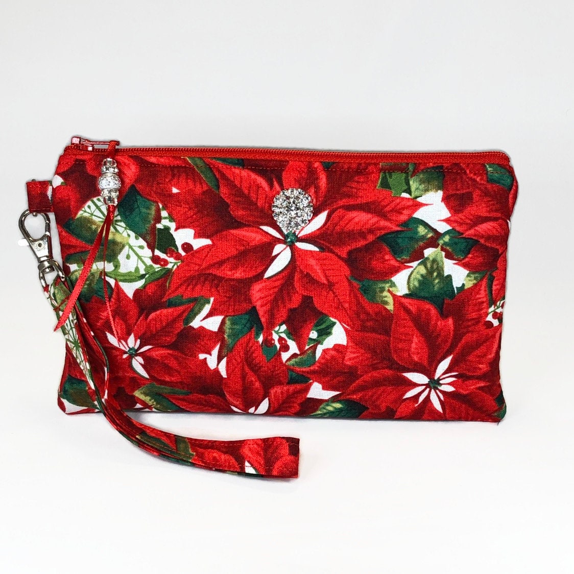 Christmas Poinsettias Wristlet Purse Holiday Clutch Handbag Etsy