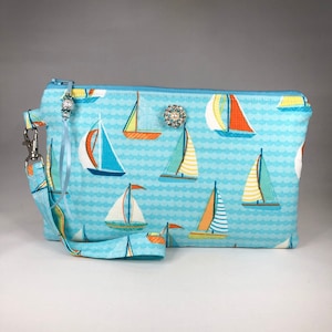 CLEARANCE Sailboats Wristlet Purse, Nautical, Cruise, Sailing, Rhinestone, Make Up Bag, Clutch, Phone Holder, Gift For Her, Friend, Mom