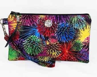Fireworks Wristlet Purse, Patriotic, 4th of July, USA, Military, Rhinestone, Clutch, Phone Holder, Makeup Bag, Gift For Her, Mom, Friend