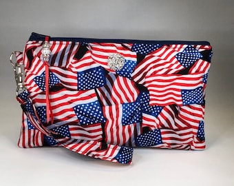 Flag Wristlet Purse, USA, Flag, Patriotic, Stars and Stripes, Veteran, Rhinestone, Makeup Bag, Phone Holder, Clutch, Bag, Gift For Her
