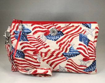 CLEARANCE Flag Wristlet Purse, Patriotic, Stars and Stripes, USA, Military, Rhinestone, Purse, Clutch, Phone Holder, Makeup Bag, Gift
