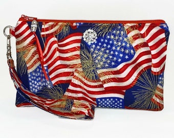 Flag & Fireworks Wristlet Purse, Patriotic, Stars and Stripes, USA, Military, Rhinestone, Clutch, Phone Holder, Makeup Bag, Gift For Her