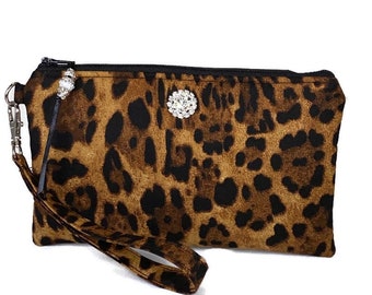 Leopard Wristlet purse, Animal Print, Cheetah, Rhinestone, Purse, Clutch, Makeup Bag, Phone Holder, Gift For Her, Friend, Mom, Sister