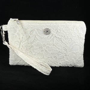 Bridal White Lace Wristlet Purse Iridescent Lace Clutch Evening Bag for Bride Bridesmaid Formal Make Up Bag Phone Holder Gift