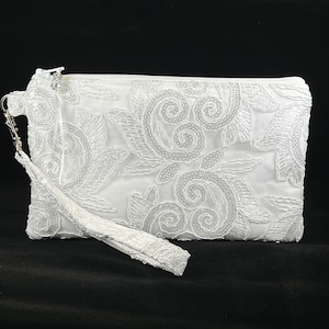 Bolso de mano blanco para novia, bordado con cordón y lentejuelas, ideal para novia, dama de honor, fiesta de noche, neceser, soporte para teléfono, regalo para novia.
