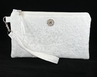 Bridal White Lace Wristlet Purse, Clutch for Bride, Bridesmaid, Evening Formal, Makeup Bag, Phone Holder, Gift For Bride