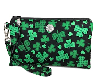 SEQUIN COIN PURSE KEY CHAIN SHAMROCK ST PATRICK'S DAY PARADE  BLACK GLITTERING !