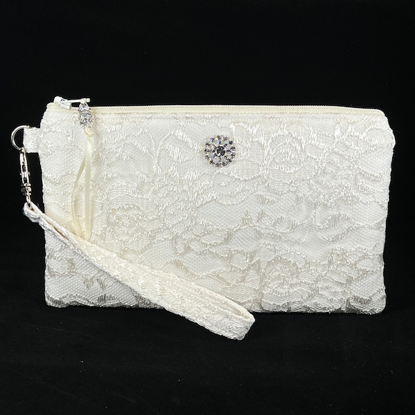 Bridal Ivory Lace Wristlet Purse, Clutch for Bride, Bridesmaid, Evening Formal, Wedding, Make Up Bag, Phone Holder, Gift For Her