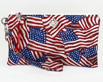 Flag Wristlet Purse, Patriotic, 4th of July, Stars and Stripes, USA, Military, Rhinestone, Clutch, Phone Holder, Makeup Bag, Gift For Her