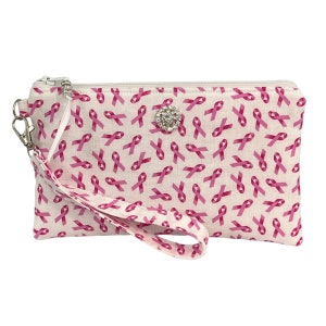 Breast Cancer Awareness Wristlet Purse, Pink Ribbons, Rhinestone, Purse, Clutch, Phone Holder, Makeup Bag, Gift For Her, Friend, Mom