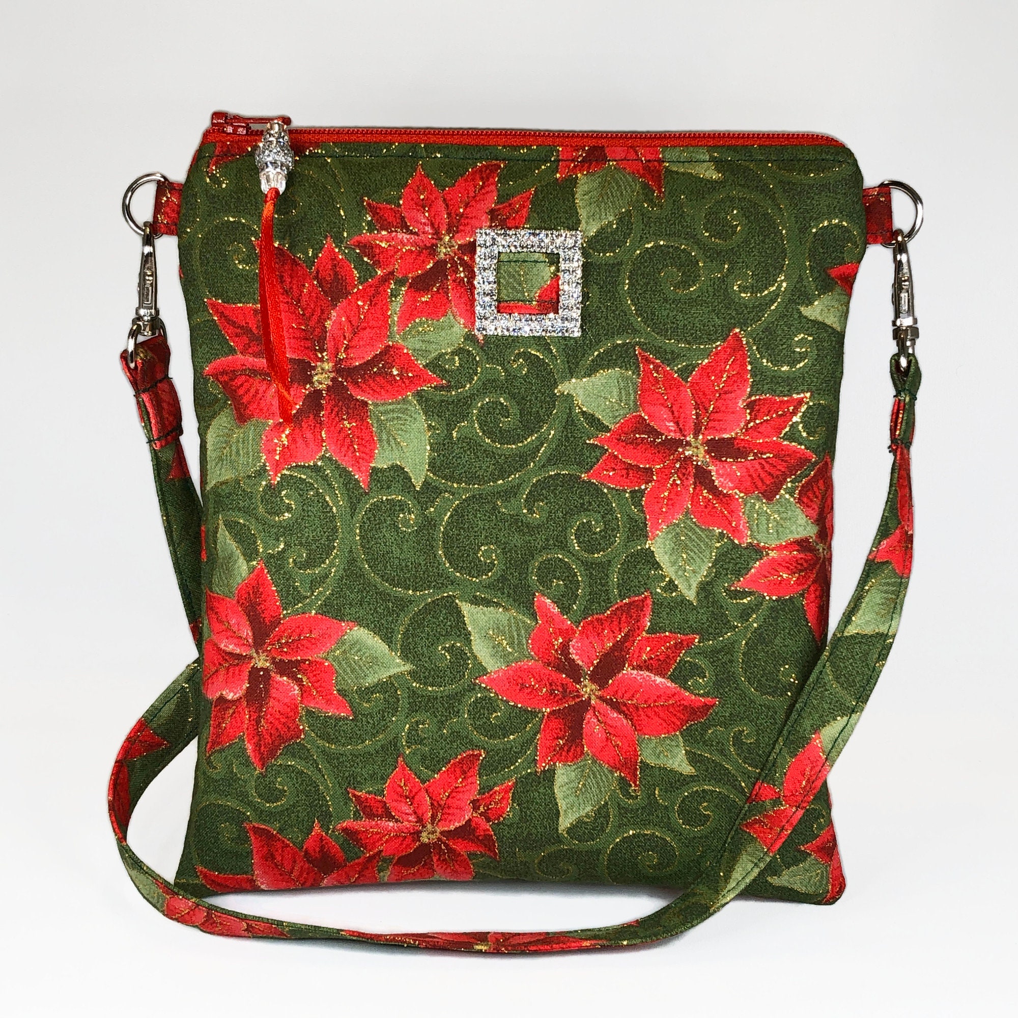 Christmas Crossbody Bag Poinsettias Gold Glitter Accent Etsy