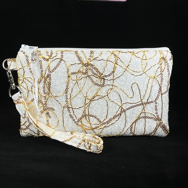 White & Gold Sequin Wristlet Purse, Bridal, Clutch for Bride, Bridesmaid, Evening Bag, Formal Purse, Mother Of The Bride