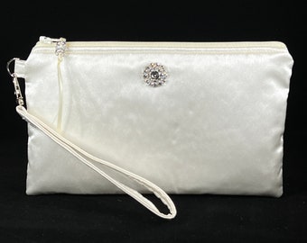 Bridal Ivory Satin Wristlet Purse, Rhinestone Wedding, Clutch for Bride, Bridesmaid, Evening Formal, Make Up Bag, Phone Holder, Gift For Her