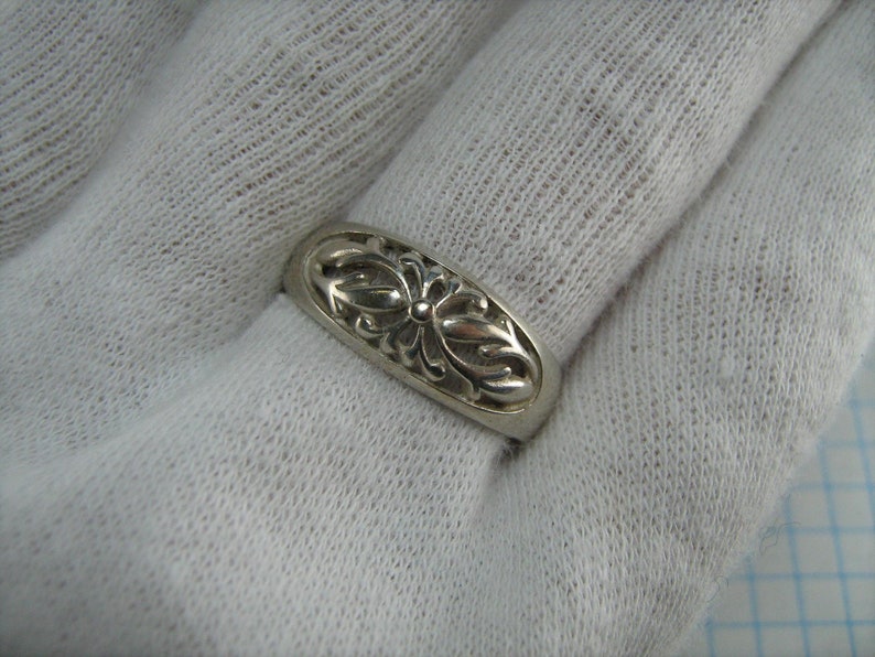 SOLID 925 Sterling Silver Ring Band Floral Flower Leaves Motif Openwork US size 7.75 Vintage Old Jewelry Jewellery 815