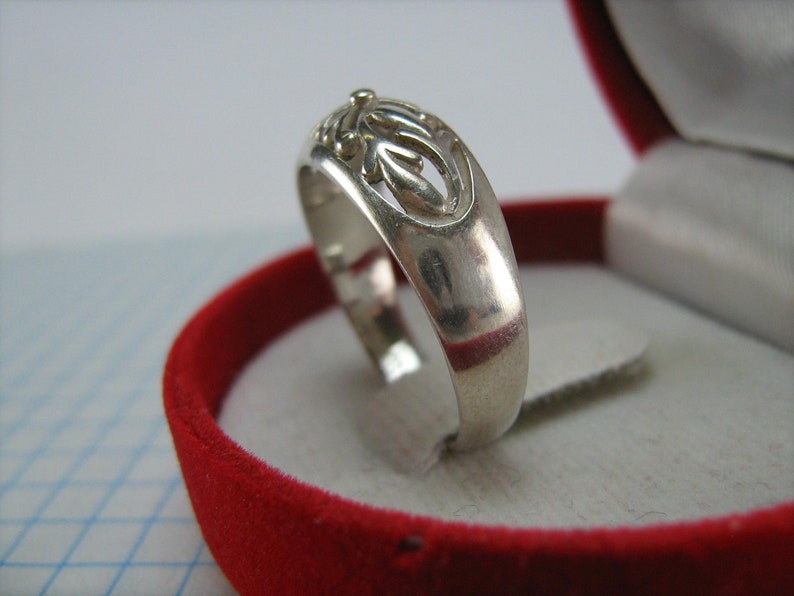 SOLID 925 Sterling Silver Ring Band Floral Flower Leaves Motif Openwork US size 7.75 Vintage Old Jewelry Jewellery 815