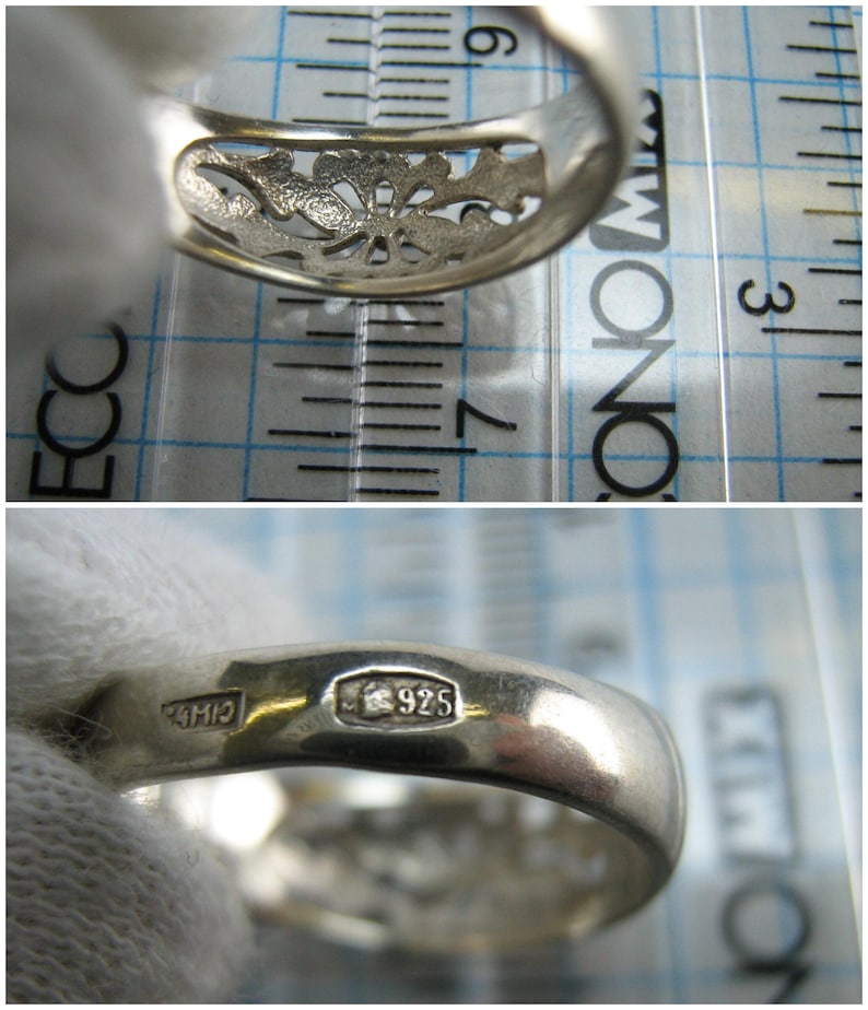 SOLID 925 Sterling Silver Ring Band Floral Flower Leaves Motif Openwork US size 7.75 Vintage Old Jewelry Jewellery 815