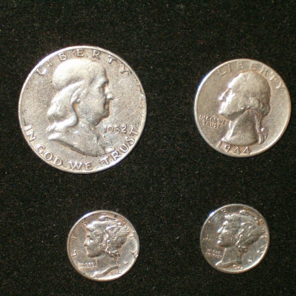 Vintage Lot Of Silver United States Currency 1952 Half Dollar,1944 D Quarter, And 2 Mercury Dimes 1944