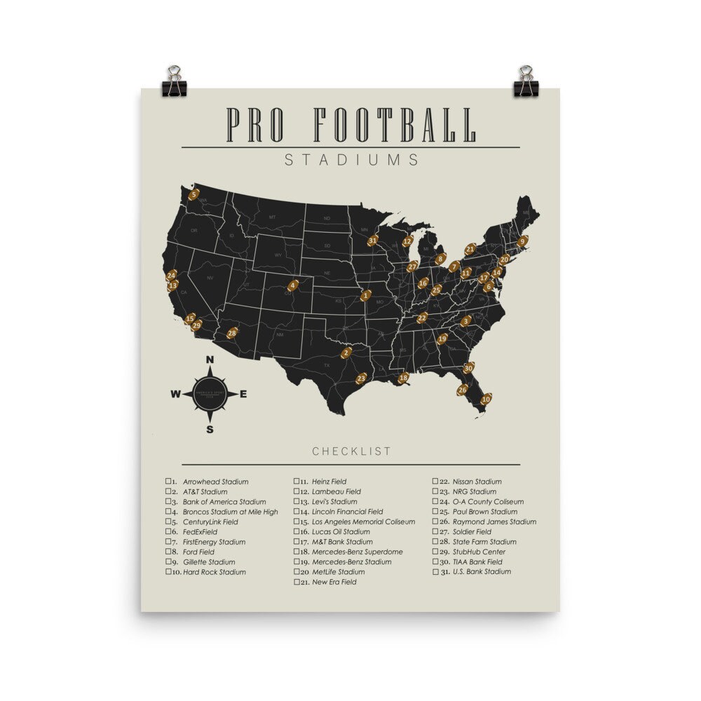 NFL Stadiums Checklist Map Poster Etsy