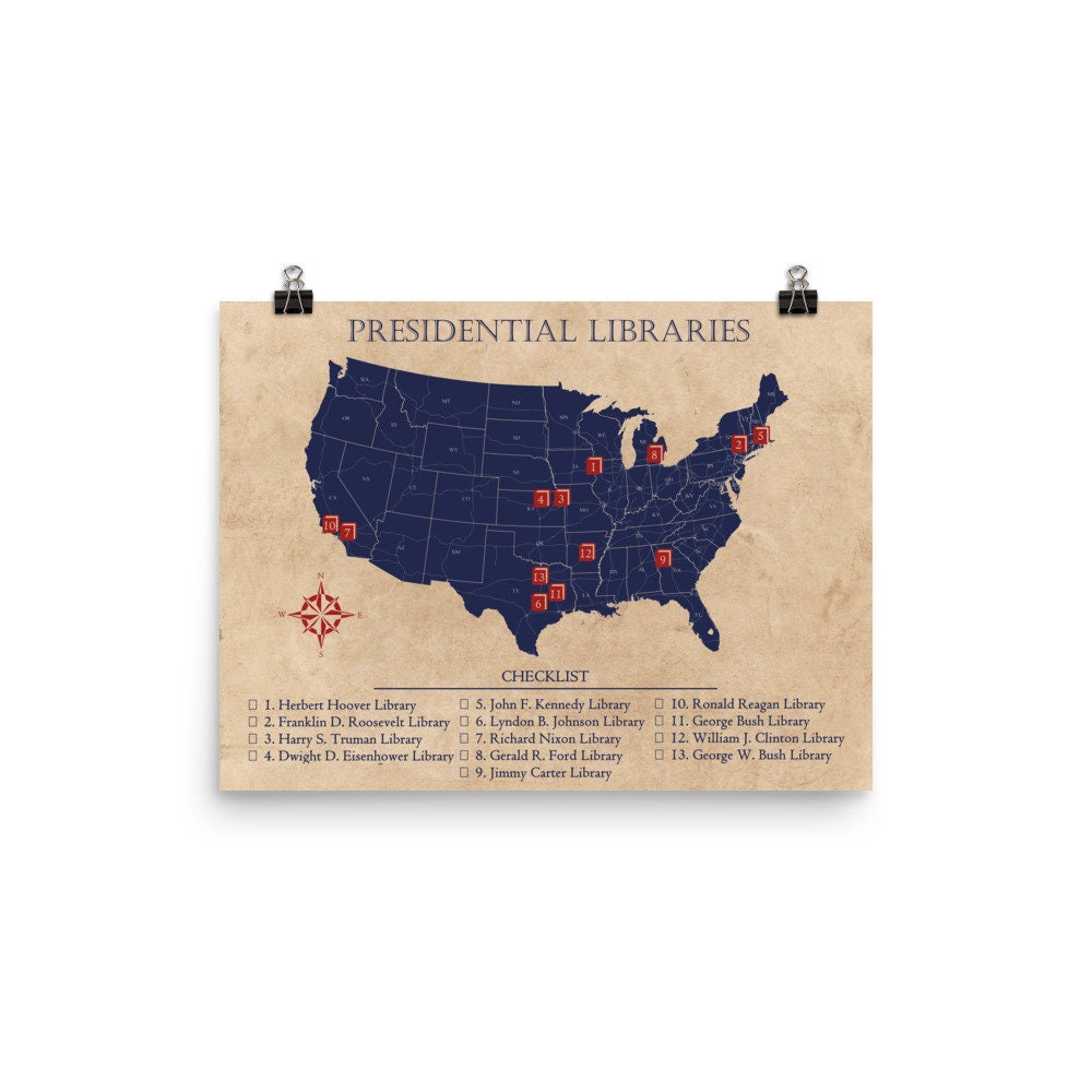 Presidential Libraries Checklist Map Poster Vintage Style - Etsy