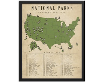 National Park Checklist Map Poster | Vintage Style | All 63 | Christmas Gift, Home Decor